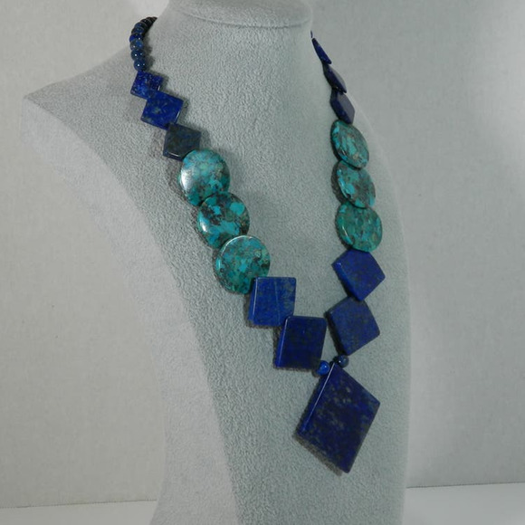 Jay King Mine Finds w Round Shaped Turquoise w/ Lapis Triangle Bead Necklace 925 - Picture 4 of 10
